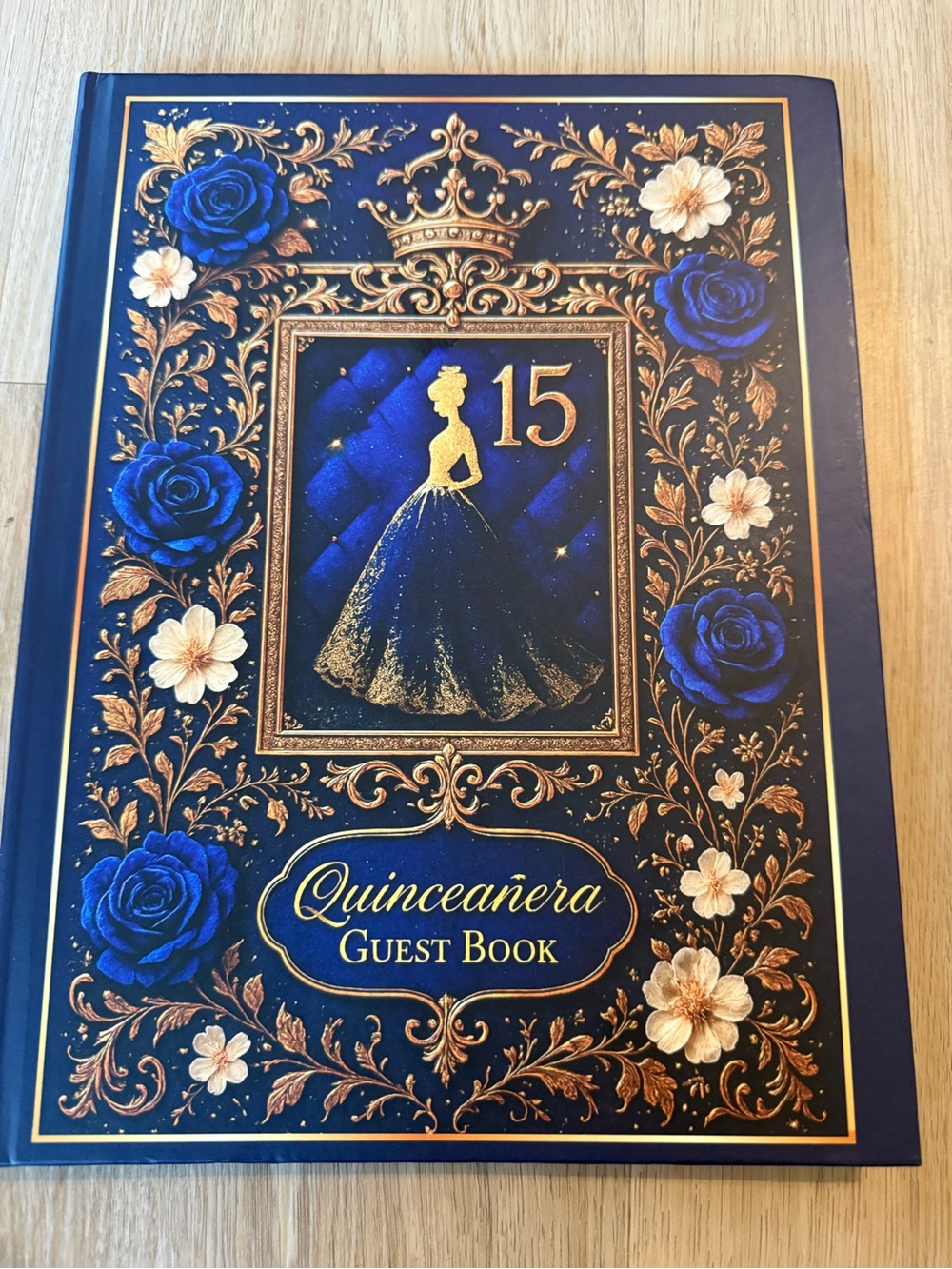 Quinceañera Guest Book - Navy Blue & Gold Floral Design
